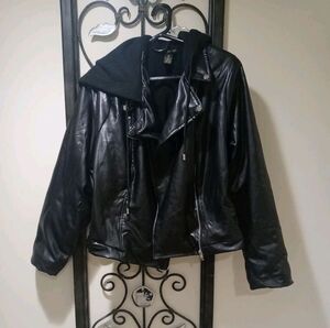 LA + Image Hooded Black Faux Leather Jacket